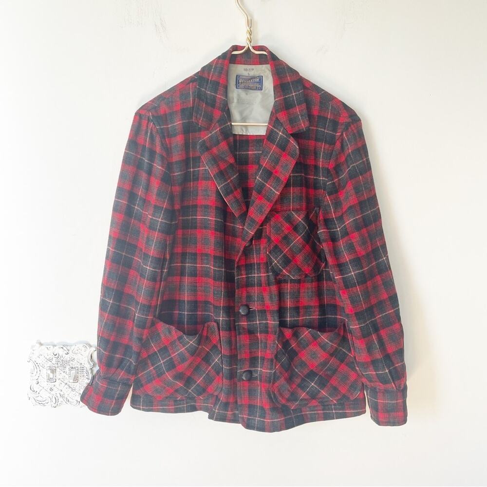 Vintage 60s Pendleton Red and Gray Plaid Wool Blazer Shacket Shirt Jacket S